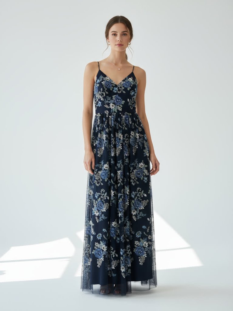 Nicole Miller Women’s Navy Floral Appliqu Mesh Long Formal Maxi Dress 6 Nwt